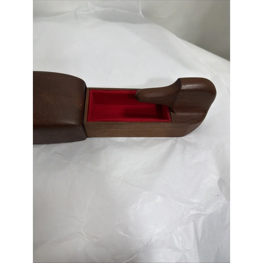 Vintage Carved Wooden Hidden Box Red Velvet Lined Signed Denton, Md Doster #87